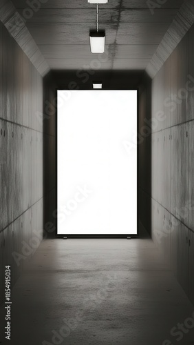 Bright Exit Door at End of Dark Concrete Corridor.