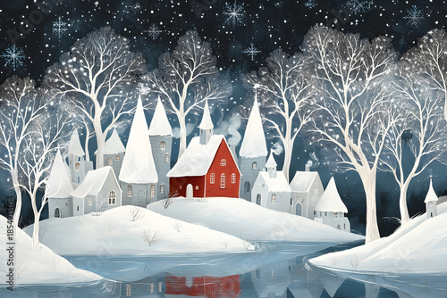 Enchanted Winter Village with Red Church, little town and snow. Painted illustration