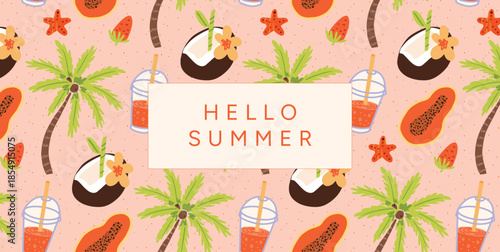 Vector seamless summertime pattern with palm trees, beach umbrella, sunbed and sand texture. Tropical travel clip art. Wrapping paper, textile, background, poster