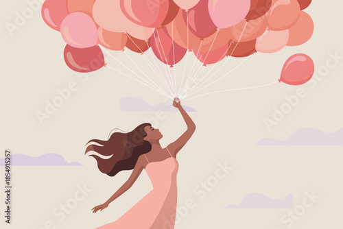 Woman in a serene landscape releases a cluster of pink balloons into the sky