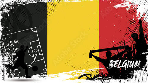 Football or abstract background from paint brushes. Football design template, football banner template, grunge Belgium flag texture, grunge bush texture, football trophy
