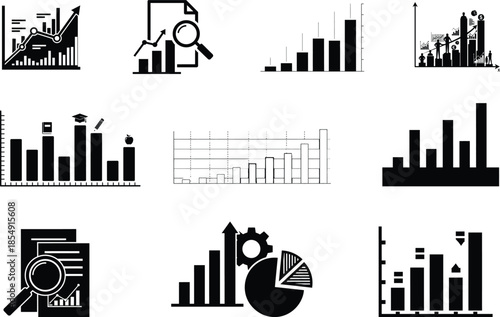 Collection of various black and white business chart and graph icons