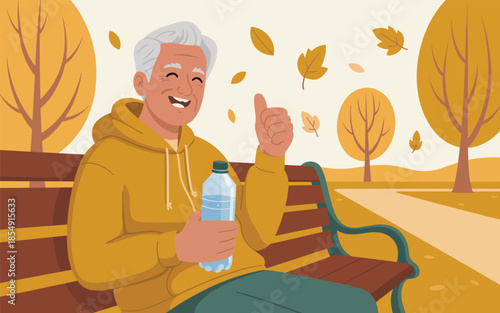 An older man enjoys a refreshing drink on a park bench surrounded by falling autumn leaves