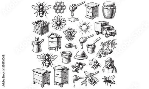 Beekeeping Icons Set Honey Bee Hive Honeycomb Jar Apiary Vector Illustration
