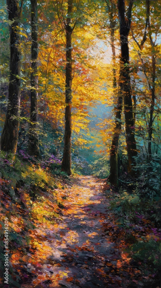 Fototapeta premium Autumn forest path painting