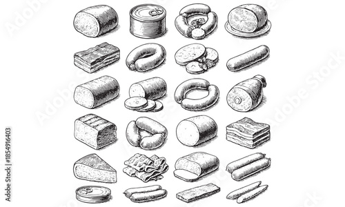 Meat Products Icons Set Sausage Ham Bacon Salami Deli Meat Vector Illustration