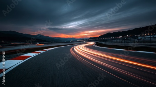 Wallpaper Mural Long exposure shot of a race track at sunset, with light streaks following the curves. Hilly landscape and dark clouds Torontodigital.ca