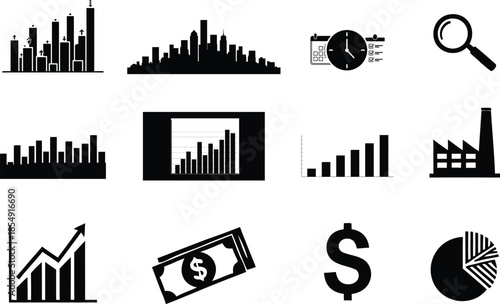 Collection of black and white business and finance icons
