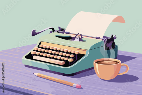 Vintage typewriter on a wooden desk with a cup of coffee and pencil, viewed from the side in a minimalist setting.