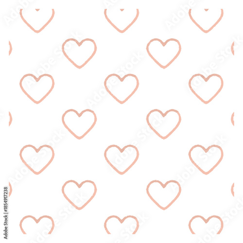 Seamless pattern of peach outline hearts, isolated on white background