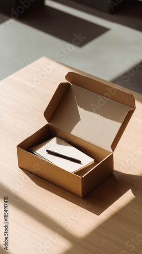 Open cardboard box with smartphone inside, unboxing and ecommerce delivery concept