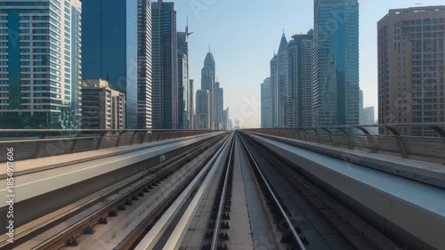 Elevated Metro Train Tracks with Modern City Skyscrapers on Sunny Day