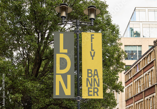 Mockup of Two Lamp Post Hanging banners in London Street View