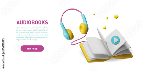 Open book with headphones, audiobooks 3D advertising banner design, listening to books by headphone, online library