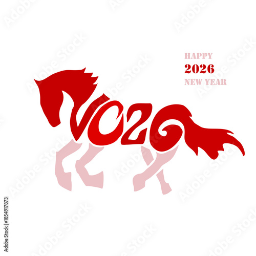 Holiday card Happy New Year 2026. Stylized image of a fire horse according to the Eastern Chinese calendar. Astrological New Year.	
