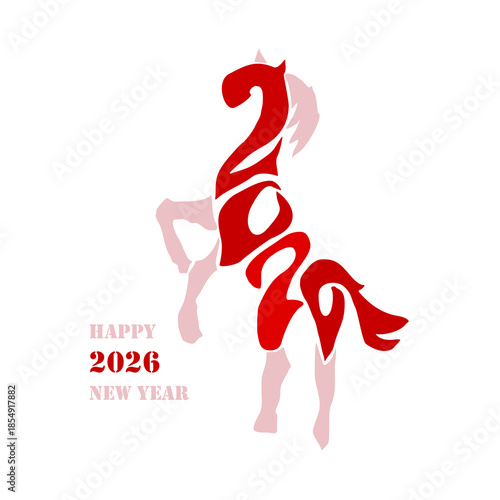Holiday card Happy New Year 2026. Stylized image of a fire horse according to the Eastern Chinese calendar. Astrological New Year.	
