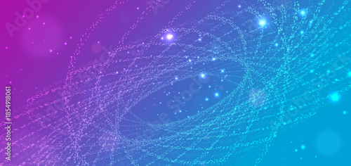 Technology dotted glowing curve on blue and pink  background. Big data communication network concept.