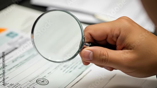 Man reviewing document with magnifying glass. Concept of legal work, inspection, audit, forensics, or research.