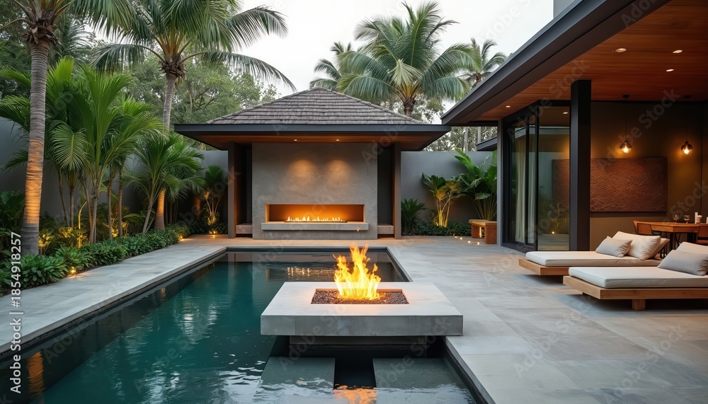 Obraz premium Modern outdoor lounge with pool and fire pit. Minimalist design features natural colors, palm trees, and sleek architecture. Perfect for relaxation and entertainment.