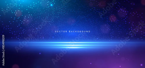 Abstract horizontal blue glowing lighting on dark blue background with dot glowing swirlking.