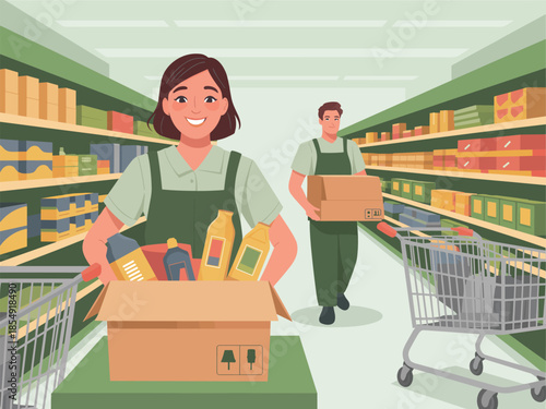 Employees Restocking Grocery Shelves in a Supermarket Aisle