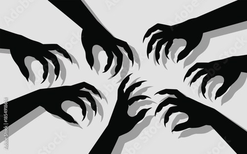 Multiple hands with sharp claws reaching towards the center in a circular formation