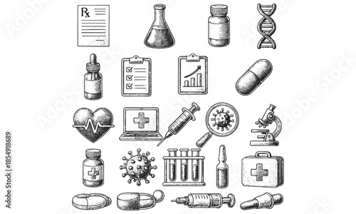 Medical Icons Set Pharmacy Medicine Healthcare Virus Lab Vector Illustration