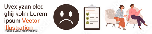 Emotional health, therapy, mental wellness, personal goals, communication, teamwork. Sad face icon, checklist two people in conversation. Emotional health and therapy support concept