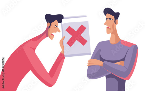 A person showing a rejection notice to another person standing with crossed arms