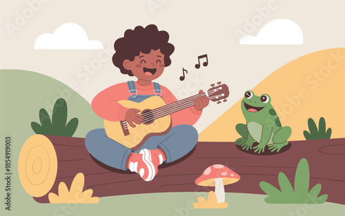 A young musician plays guitar and sings joyfully on a tree log surrounded by nature and a listening frog