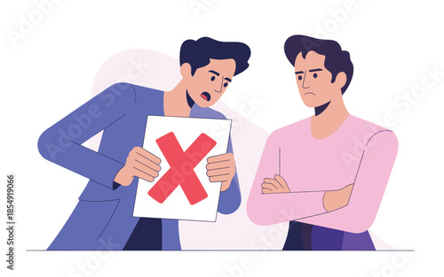 A man rejecting a proposal shown by another man in a simple illustration