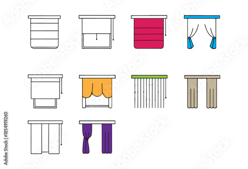 Window Curtain and Blind Styles – Colorful Home Decor Icons for Interior Design Illustration