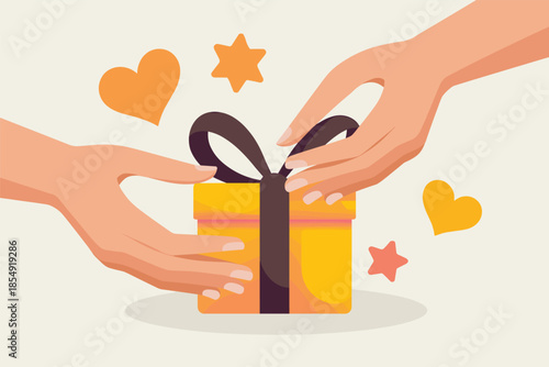 Hands exchanging a beautifully wrapped yellow gift box adorned with a black ribbon surrounded by floating hearts and stars