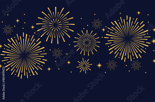Elegant gold fireworks burst and sparkling stars on clean blue background, festive celebration illustration for New Year, holiday party, greeting card, luxury event design, minimalist style vector.