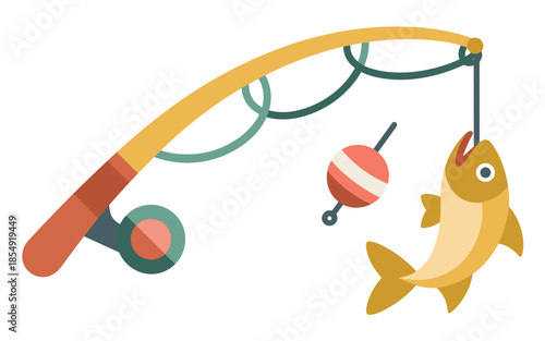 Fishing rod and fish illustration on white background