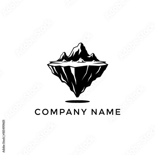 Monochrome Floating Island Logo with Mountain Peaks and Shadow.