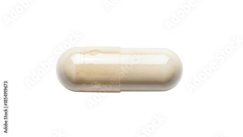Single transparent capsule filled with light brown powder on black background pill