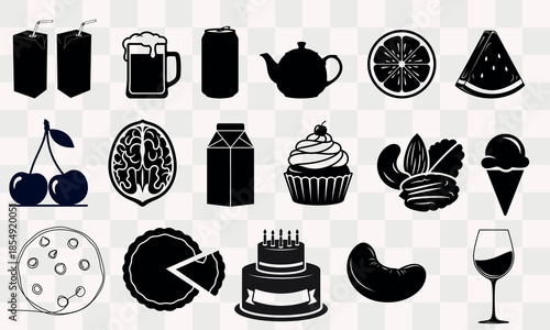 Collection of food and drink icons in black silhouette