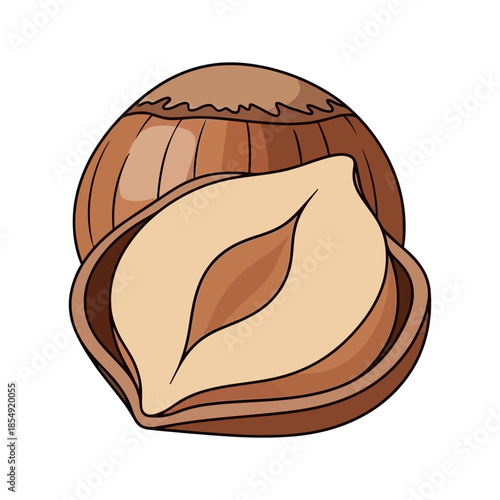 A cartoon illustration of a cracked open walnut with shell and kernel visible