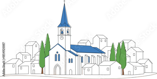 Church town illustration, European village skyline, religious architecture landscape, peaceful community scene, minimal line art, blue roof church vector design