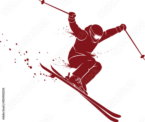 Freestyle skiing athlete silhouette illustration, extreme winter sports action jump, downhill ski trick, dynamic motion, isolated vector design, art background