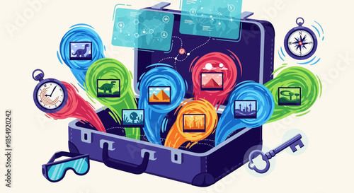 Open suitcase filled with travel icons and accessories, vacation planning concept.