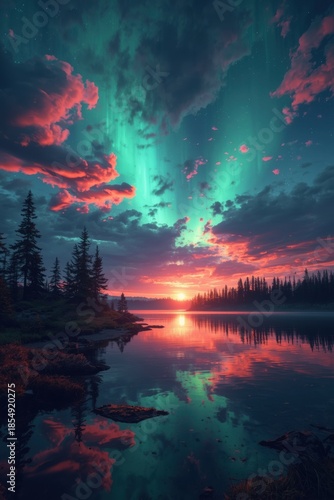 Vivid northern lights over serene lake