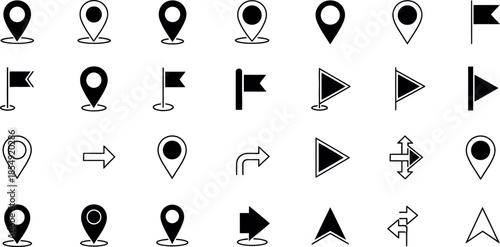 Map location pin icons set with navigation markers flag pointers and direction arrows for travel and interface design.