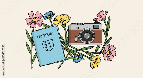 Passport and Camera Surrounded by Flowers, Travel Essentials Still Life.
