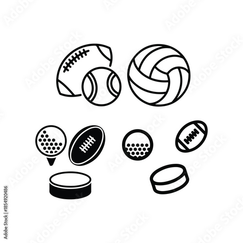 A collection of various sports equipment including balls pucks and a golf tee displayed