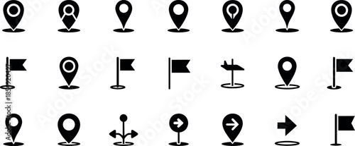 Map pin icons set with navigation markers flag pointers and location tracking symbols for travel and interface design.