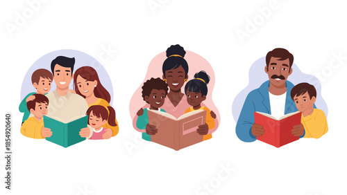 Diverse families fostering literacy and connection Parents and children enjoying a heartwarming story time, promoting a love for reading together