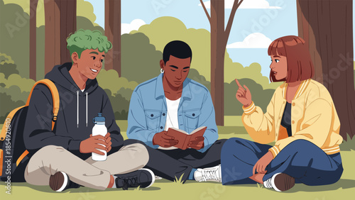 Diverse young friends enjoying a sunny day outdoors, engaging in collaborative learning and thoughtful discussion in a peaceful park setting