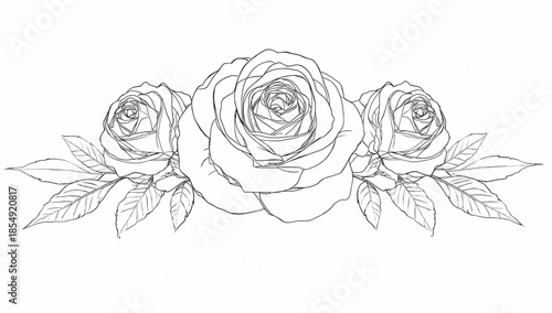 a captivating line drawing of three elegant roses, each gracefully surrounded by delicate leaves. This minimalist yet stunning artwork captures the timeless beauty of floral arrangements